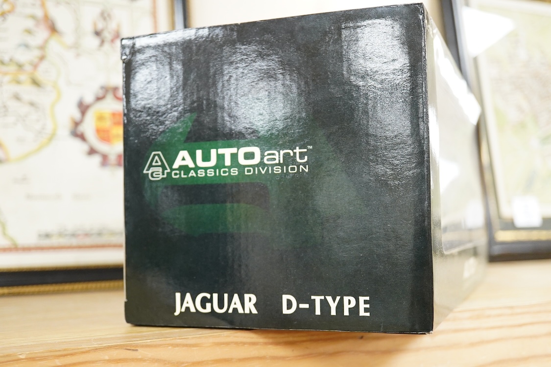 Two boxed Auto Art 1:18 scale Jaguar racing cars; a D type Jaguar and a Jaguar XK-SS